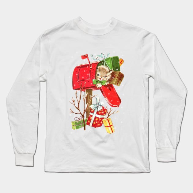 Vintage Christmas Kitten in a Mailbox Long Sleeve T-Shirt by tfortwo